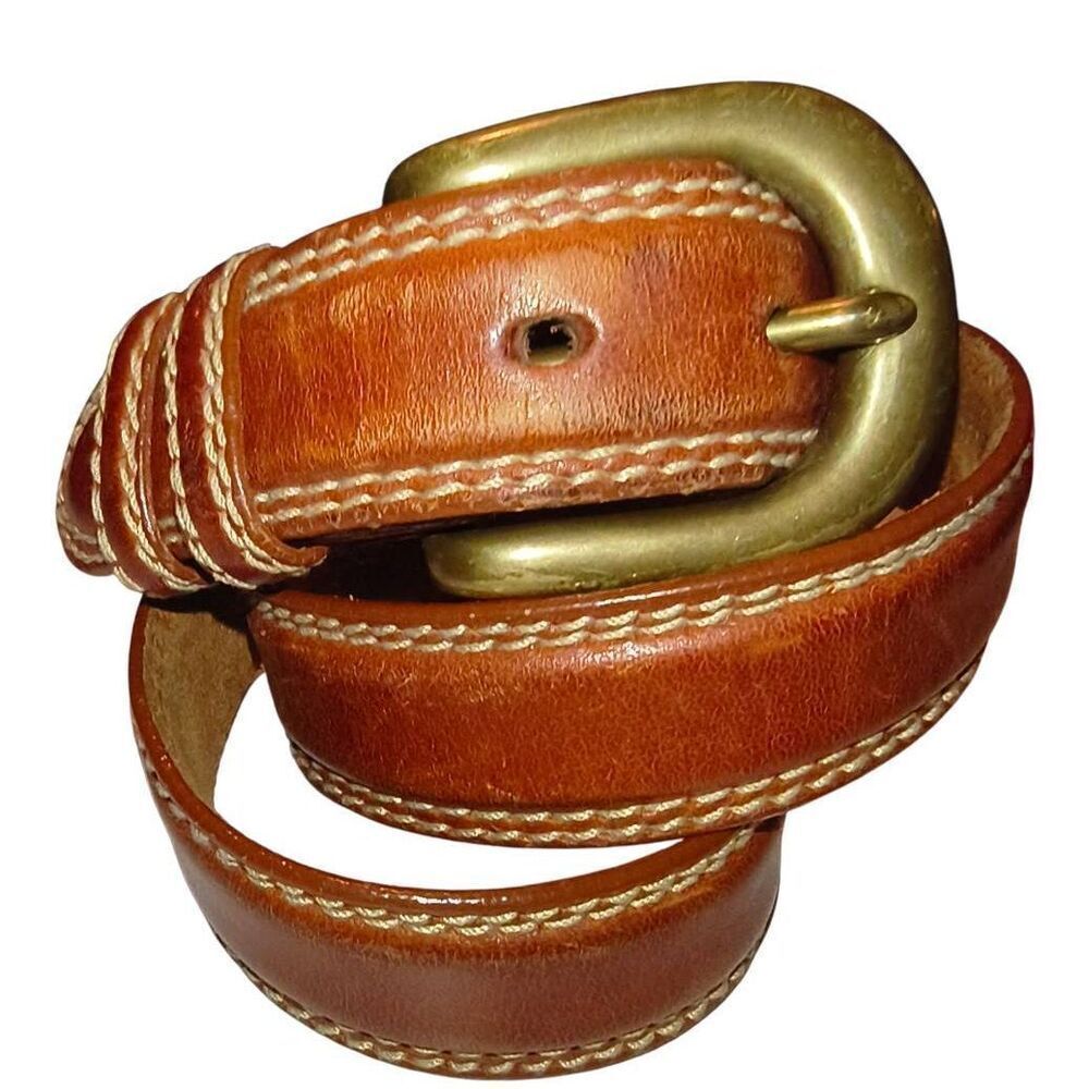 Vintage genuine leather stitched belt Size 32 brass hardware Taiwan cowboy rodeo